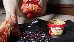 Muscular milf smears peanut butter on toes for footjob fantasy