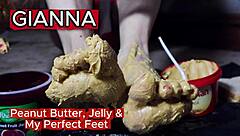 Muscular milf smears peanut butter on toes for footjob fantasy
