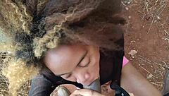 Skinny Brunette with Hairy Pussy Sucks My Big Black Cock Till Cum in Mouth in Forest