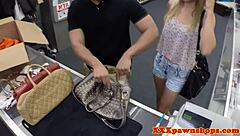 amateur with glasses sucks balls deep then bends for hidden cam doggystyle in shop