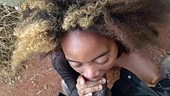 Skinny Brunette with Hairy Pussy Sucks My Big Black Cock Till Cum in Mouth in Forest