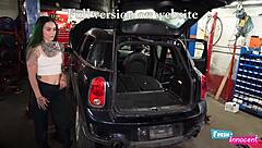 Fresh innocent teen babe chokes on mechanic's monster cock before rough pussy pounding and spanking