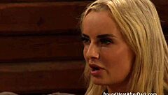 horny blonde mistress strips and fingers bound lesbian slave hard