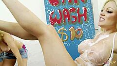 promiscuous blondes pull dildos at car wash fingering pussies in lesbian group lick