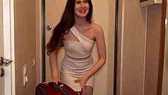 sexy redhead girlfriend moans orgasm on suitcase ripping clothes wet pussy sex