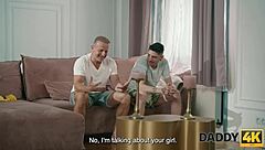 Blonde Girlfriend Cheats with Daddy on Sofa in Secret Art Session