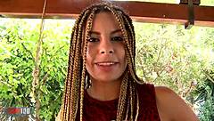 Alana's first blonde blowjob explodes cum!