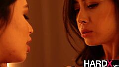 Busty brunette babe's big ass clit fingered to leg-shaking orgasm by lingerie lesbian