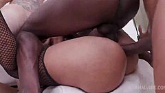 her holes stretch wide from triple anal slam as three monster cocks wreck her dripping pussy in sweaty screams