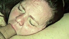 milf gives deep throat blowjob while playing with her tits