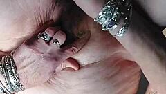 granny stuffs dildo and cucumber in hairy pussy