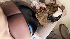 A stressed white guy grabs that big ebony ass bent over for deep doggystyle pounding and creampie relief