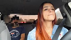 motorista de app catches passenger jerking off behind her flashes tits and fucks him raw in the car creampie finish