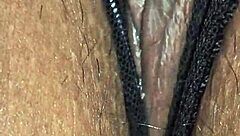 latina wife's hairy pussy lips drip cum through black panties 💦