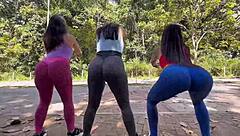 three sluts ride my cock anally in outdoor passion