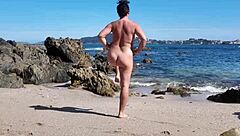 curvy nudist milf flashes hairy pussy on beach closeup 🏖️🍑