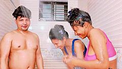 Skinny brunette milf and petite teen twist in wet shower threesome with riding and fisting