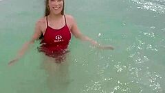 Blonde teen babe's perky tits drenched in hot jizz after public bathroom titty fuck and blowjob