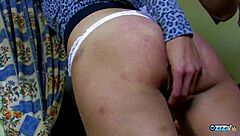 brunette warms up with big dildo before guy pounds her shaved pussy hard