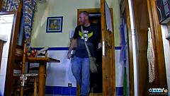 brunette warms up with big dildo before guy pounds her shaved pussy hard