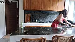 Girlfriend shows amateur house cleaning tutorial at home