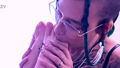 she worships my feet passionately, licking toes in lingerie while i dominate.