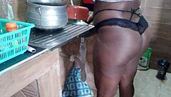 Check chocolate ebony housewife's naked pussy at home.