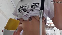 Maid's Bare Tits Swing While Washing Dishes Teasing Huge Cock