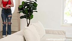 that sweet midwest girl goes wild, licking balls and riding her first black cock on the sofa