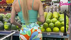 Blonde slut shakes huge ass in micro shorts at market begging for cock