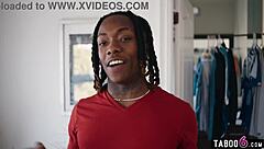 young black guy spies on two ebony teen lesbians then pervs hard in 3some