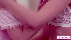 two petite lesbians with small tits kiss deeply then lick wet pussies