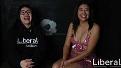 Petite chica sucks stranger cock through glory hole