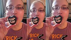 girl with GLASSES fucks in ASMR vampire teeth lollipop fetish play