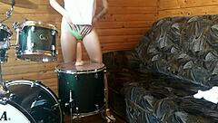 Petite Teen's Passionate Dildo Pounding on Drumset Drives Her Wild