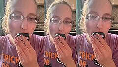 girl with GLASSES fucks in ASMR vampire teeth lollipop fetish play