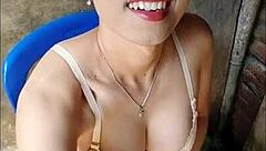 nervous amateur shemale strokes her cock with dildo in open bathroom