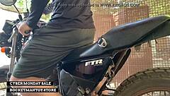 man straps rocketman toy to motorbike shakes from public orgasm!