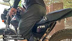 man straps rocketman toy to motorbike shakes from public orgasm!