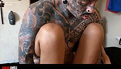 skinny hot brazilian with tattoos rides muscular guy's huge cock?