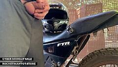 man straps rocketman toy to motorbike shakes from public orgasm!