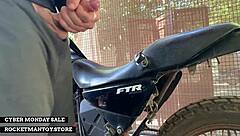 man straps rocketman toy to motorbike shakes from public orgasm!