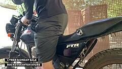 man straps rocketman toy to motorbike shakes from public orgasm!