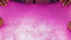 early mornin ebony milf workout got me spreadin her shaved pussy n feet voyeur style uh