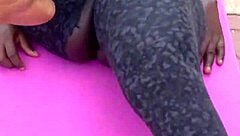 early mornin ebony milf workout got me spreadin her shaved pussy n feet voyeur style uh