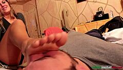 The host edges to ruined cumshot while licking mature feet in femdom control