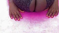 early mornin ebony milf workout got me spreadin her shaved pussy n feet voyeur style uh