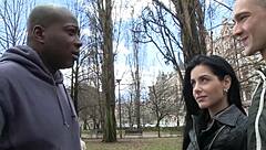 dark haired babe in red lace takes bbc while man licks her wet pussy