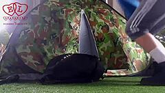 stranger dominates nudist lady's pussy outdoors in forest camp nature fuck 💚🍑🏕️