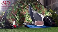 stranger dominates nudist lady's pussy outdoors in forest camp nature fuck 💚🍑🏕️